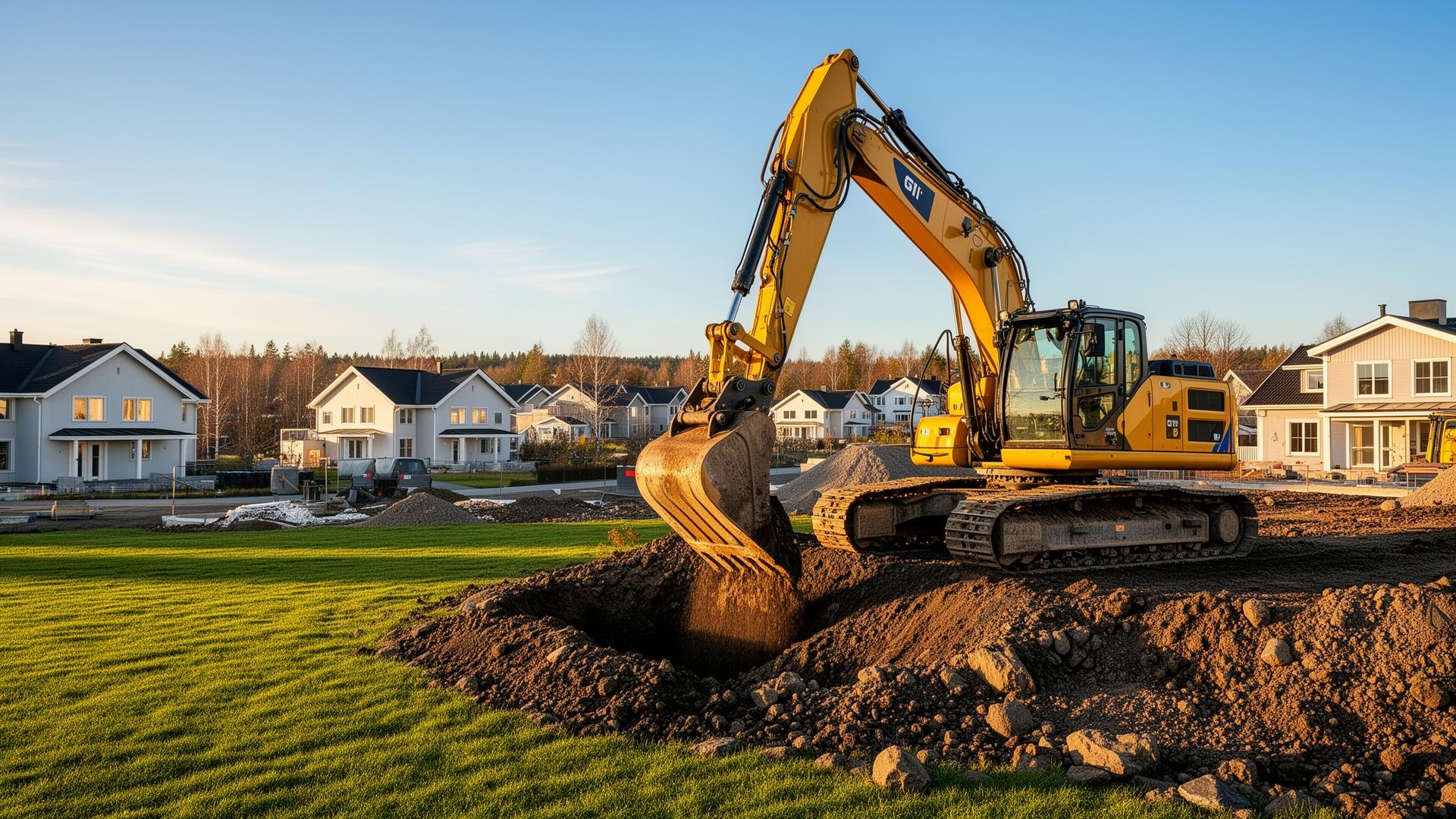 Professionellt markarbete med grävmaskin i svenskt villaområde